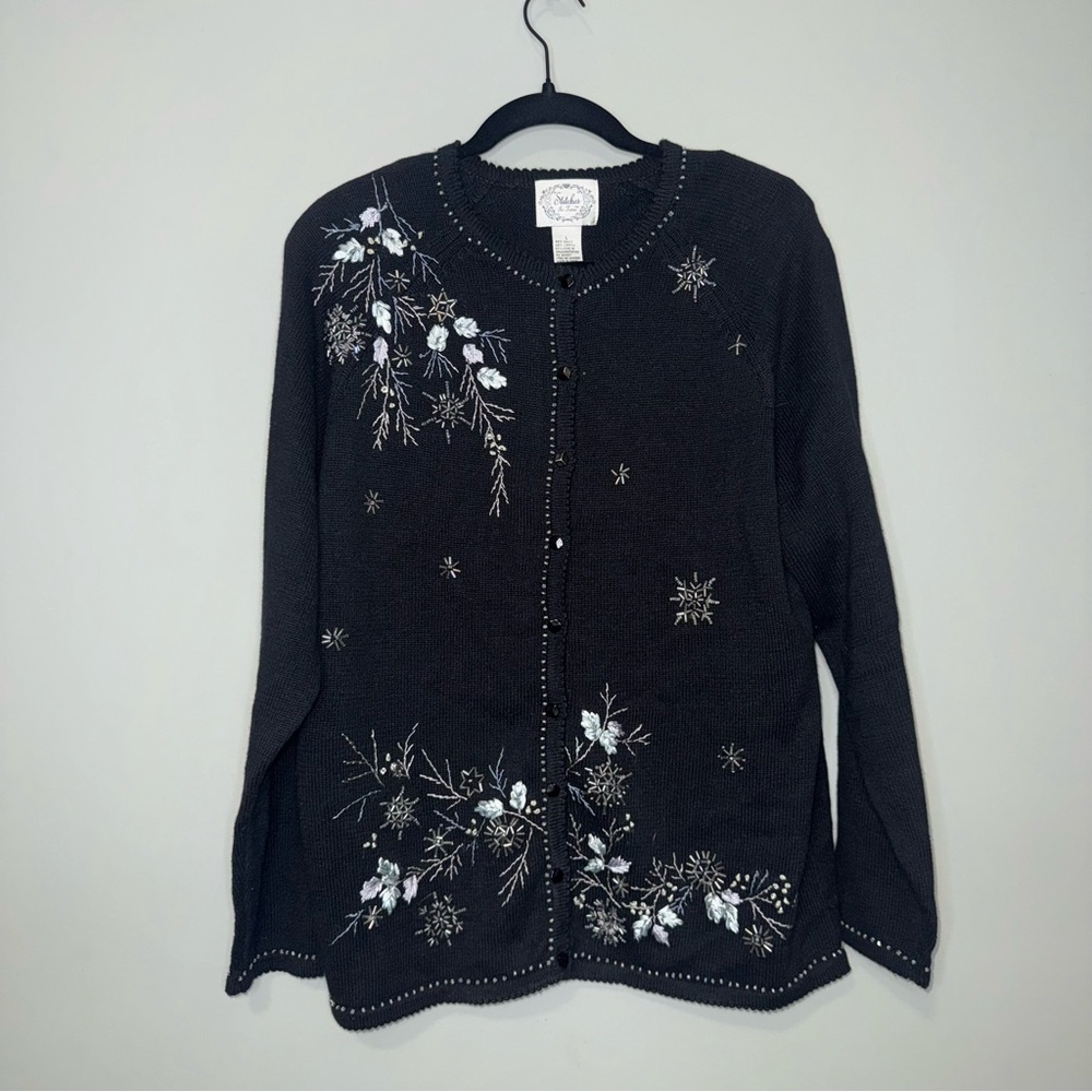 Stitches In‎ Time Womens Black Beaded Snowflake Embroidered Knit Cardigan Large